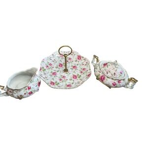 Vintage Lefton Rose Chintz Porcelain Mini Sugar Bowl Lid & Creamer Set trinket